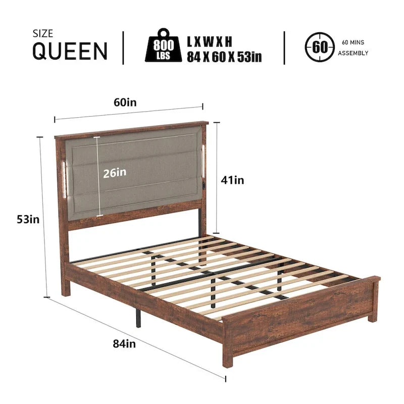 Cadre de lit Queen Size avec tête de lit rembourrée, avec station de recharge et lumières LED, lattes en bois, aucun sommier tapissier requis
