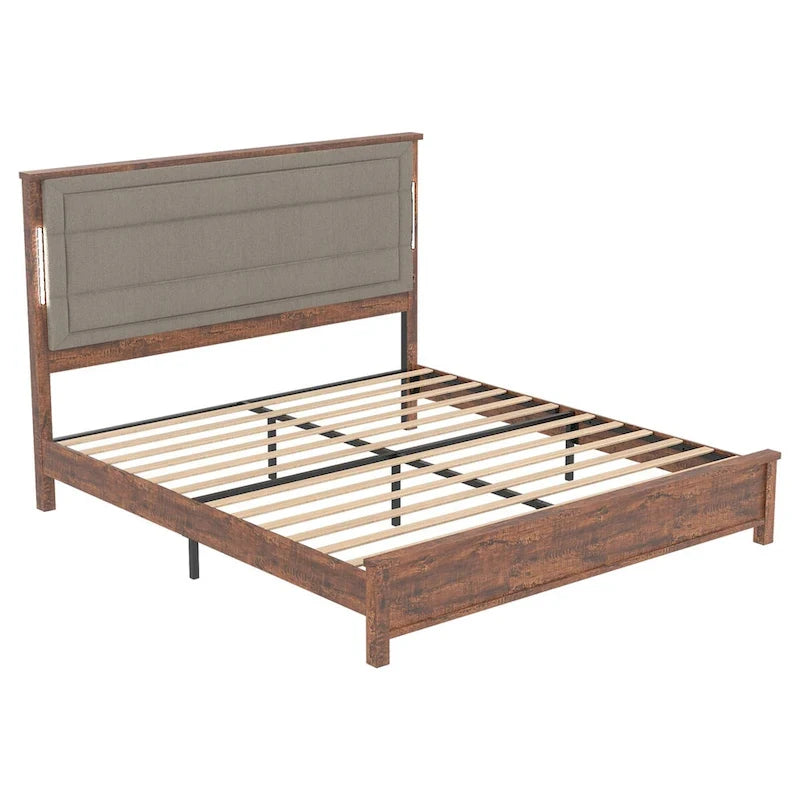 Cadre de lit Queen Size avec tête de lit rembourrée, avec station de recharge et lumières LED, lattes en bois, aucun sommier tapissier requis