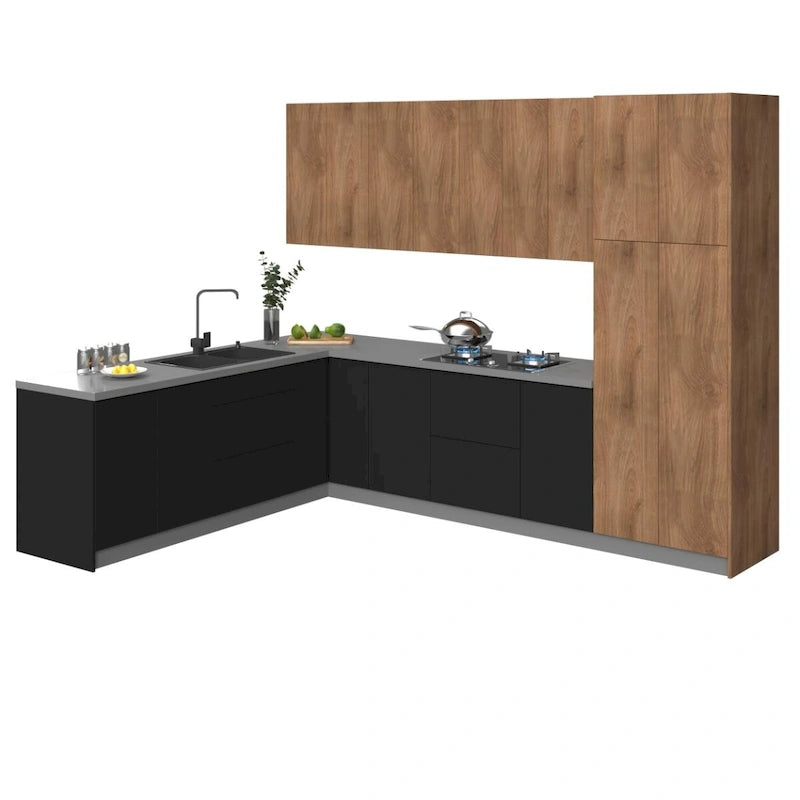Ensemble de cuisine moderne Teck naturel et couleur noire Taille de base 8x10 pieds de large - 126x96