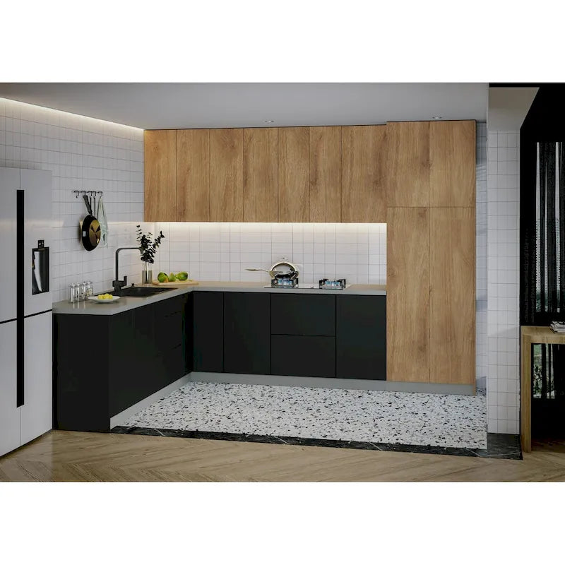 Ensemble de cuisine moderne Teck naturel et couleur noire Taille de base 8x10 pieds de large - 126x96