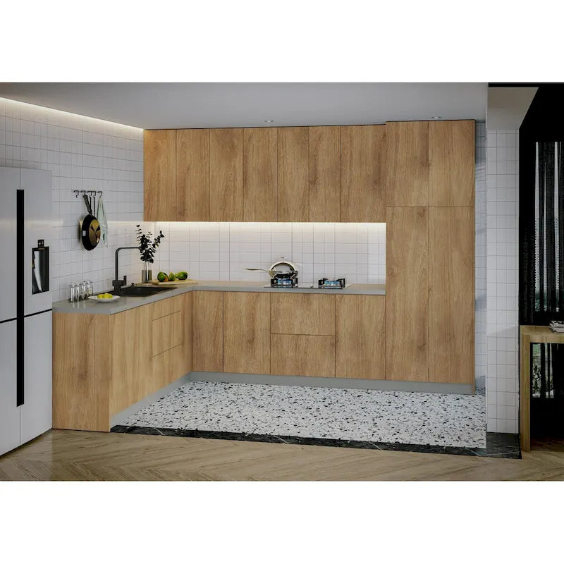 Ensemble de cuisine moderne Teck naturel et couleur noire Taille de base 8x10 pieds de large - 126x96