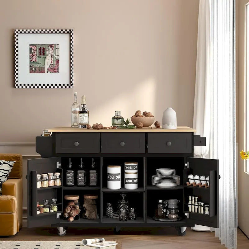 Desserte de cuisine avec plateau en bois d'hévéa rabattable, îlot de cuisine à 5 roues avec armoire de rangement et 3 tiroirs