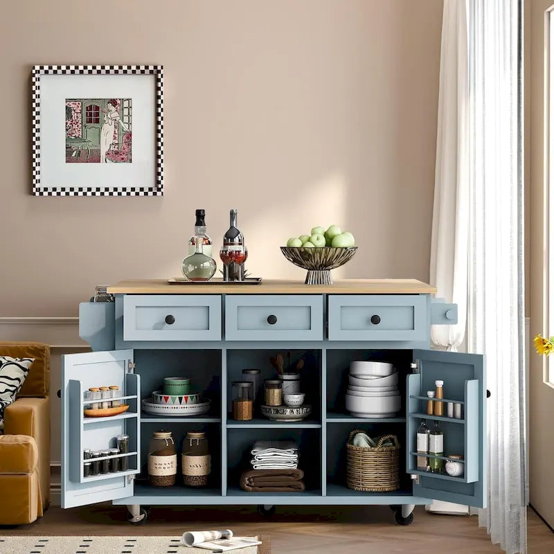 Desserte de cuisine avec plateau en bois d'hévéa rabattable, îlot de cuisine à 5 roues avec armoire de rangement et 3 tiroirs