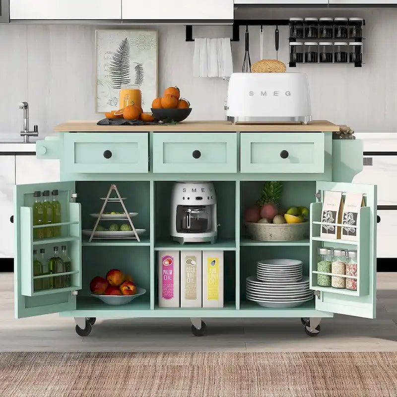 Desserte de cuisine avec plateau en bois d'hévéa rabattable, îlot de cuisine à 5 roues avec armoire de rangement et 3 tiroirs