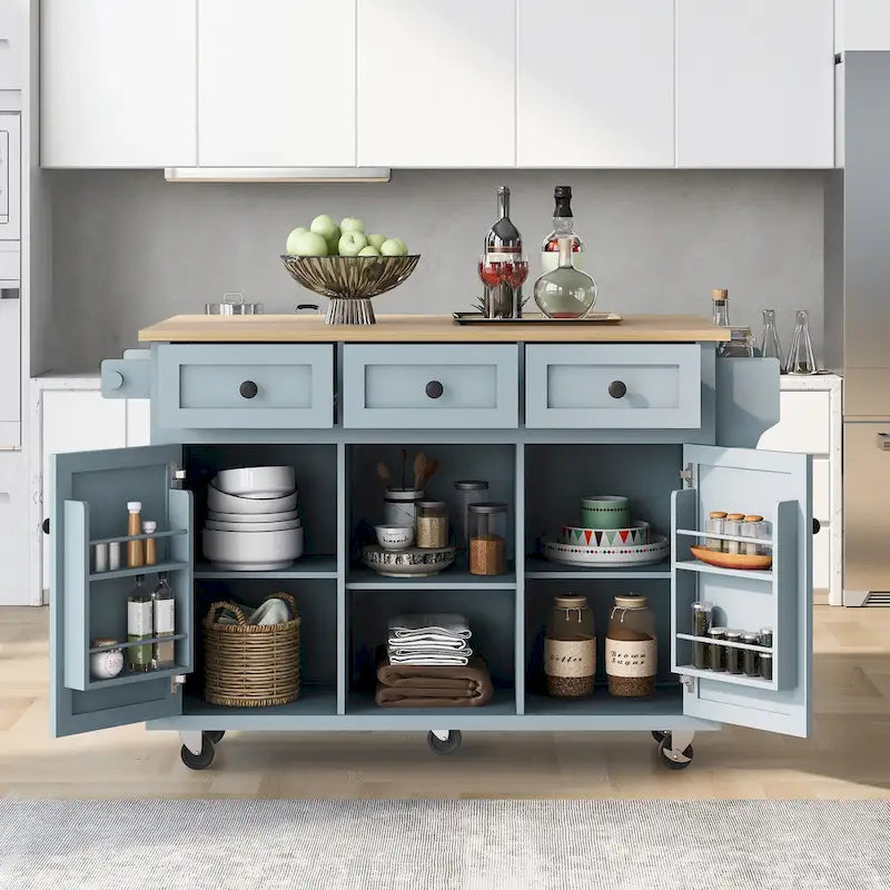 Desserte de cuisine avec plateau en bois d'hévéa rabattable, îlot de cuisine à 5 roues avec armoire de rangement et 3 tiroirs