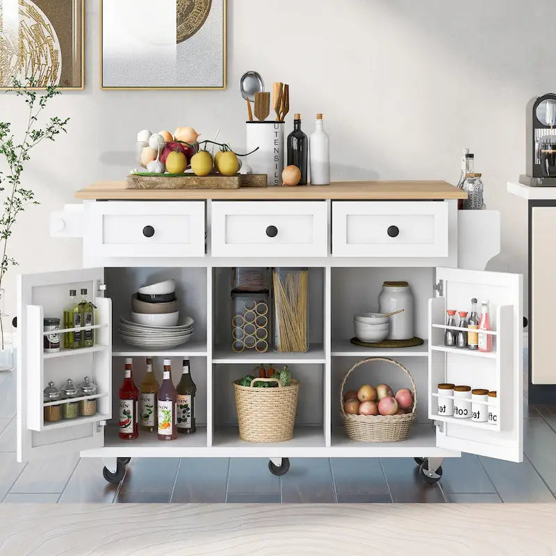 Desserte de cuisine avec plateau en bois d'hévéa rabattable, îlot de cuisine à 5 roues avec armoire de rangement et 3 tiroirs