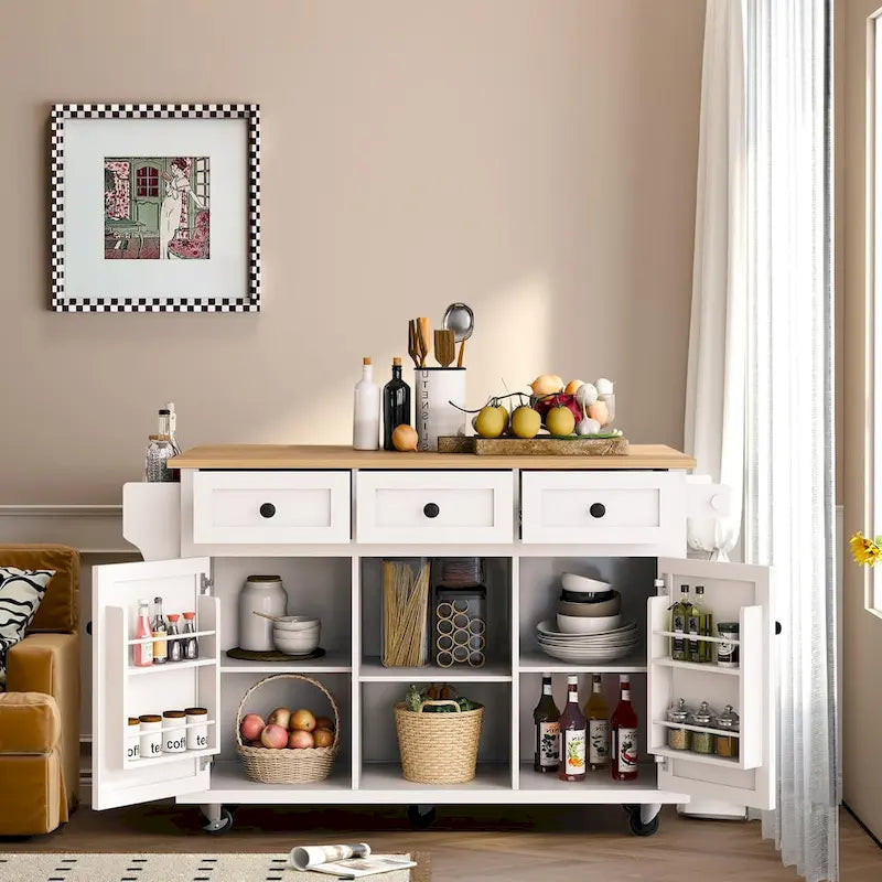 Desserte de cuisine avec plateau en bois d'hévéa rabattable, îlot de cuisine à 5 roues avec armoire de rangement et 3 tiroirs