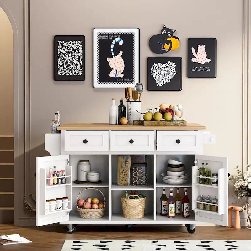 Desserte de cuisine avec plateau en bois d'hévéa rabattable, îlot de cuisine à 5 roues avec armoire de rangement et 3 tiroirs