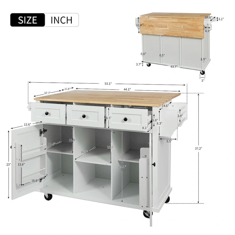 Desserte de cuisine avec plateau en bois d'hévéa rabattable, îlot de cuisine à 5 roues avec armoire de rangement et 3 tiroirs