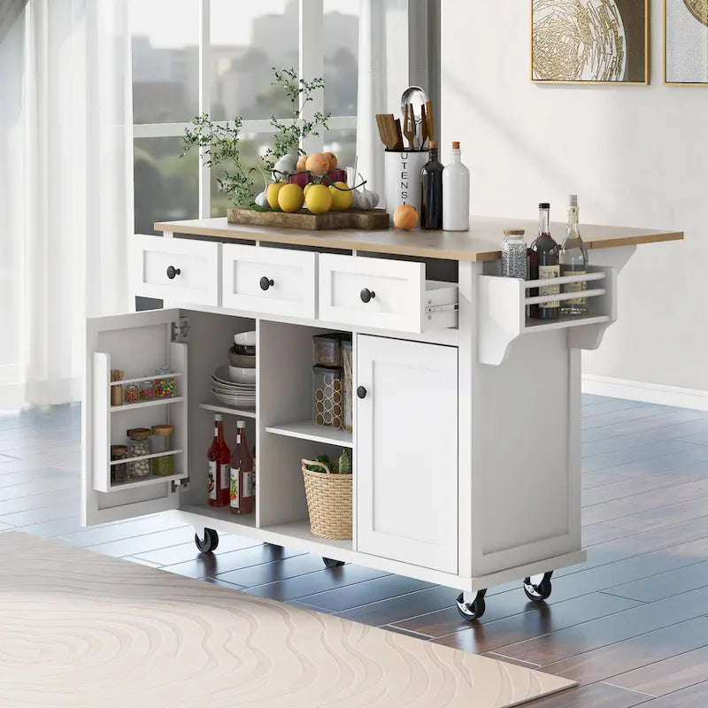 Desserte de cuisine avec plateau en bois d'hévéa rabattable, îlot de cuisine à 5 roues avec armoire de rangement et 3 tiroirs