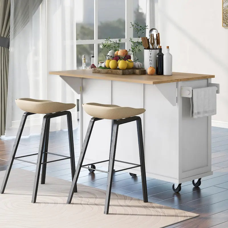 Desserte de cuisine avec plateau en bois d'hévéa rabattable, îlot de cuisine à 5 roues avec armoire de rangement et 3 tiroirs