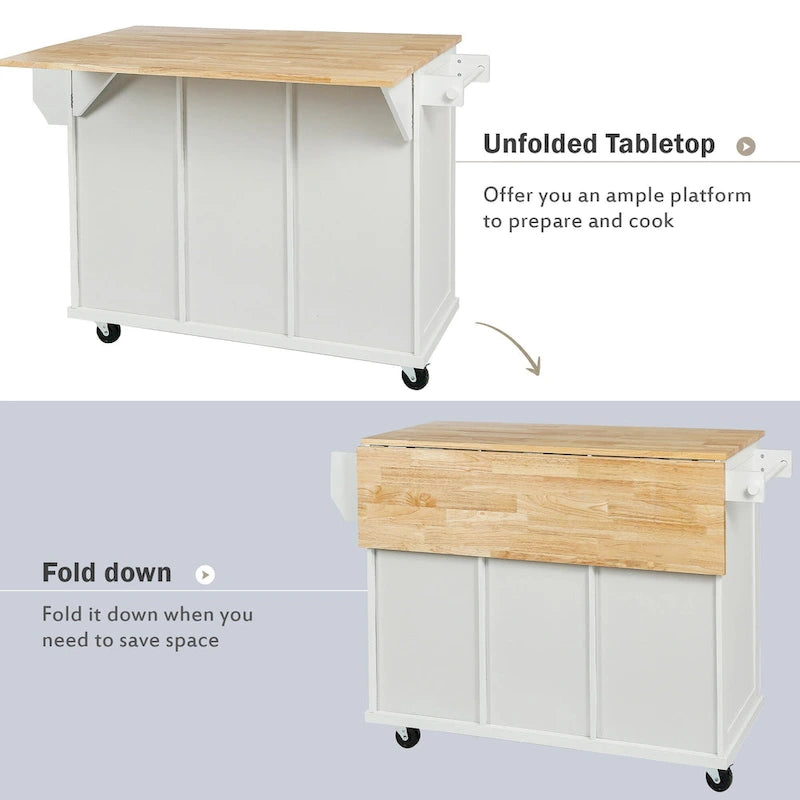 Desserte de cuisine avec plateau en bois d'hévéa rabattable, îlot de cuisine à 5 roues avec armoire de rangement et 3 tiroirs