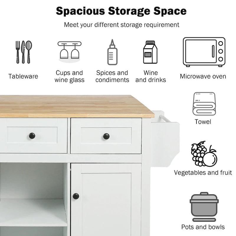 Desserte de cuisine avec plateau en bois d'hévéa rabattable, îlot de cuisine à 5 roues avec armoire de rangement et 3 tiroirs