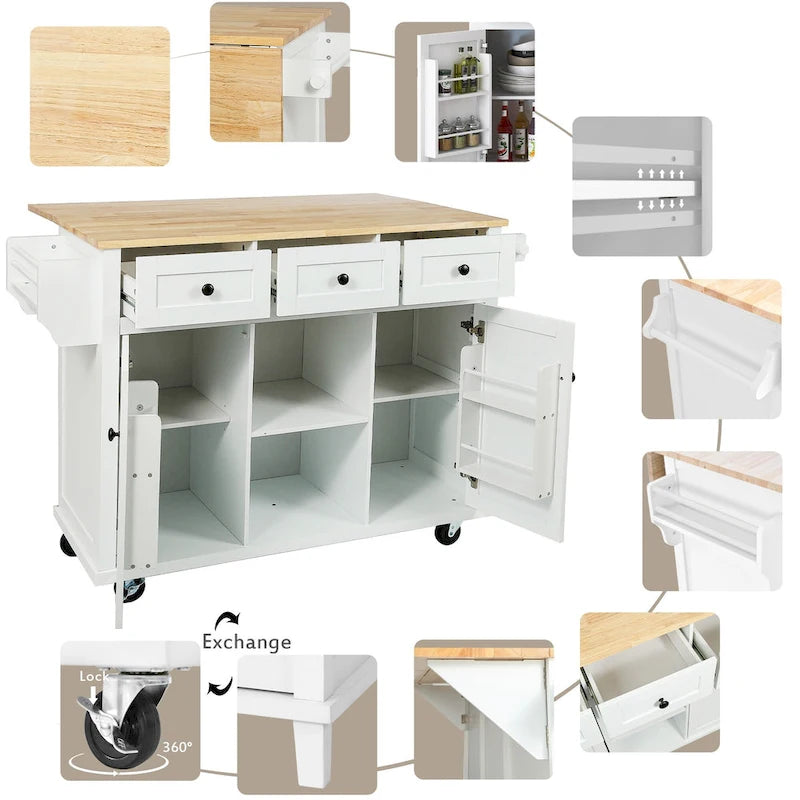 Desserte de cuisine avec plateau en bois d'hévéa rabattable, îlot de cuisine à 5 roues avec armoire de rangement et 3 tiroirs