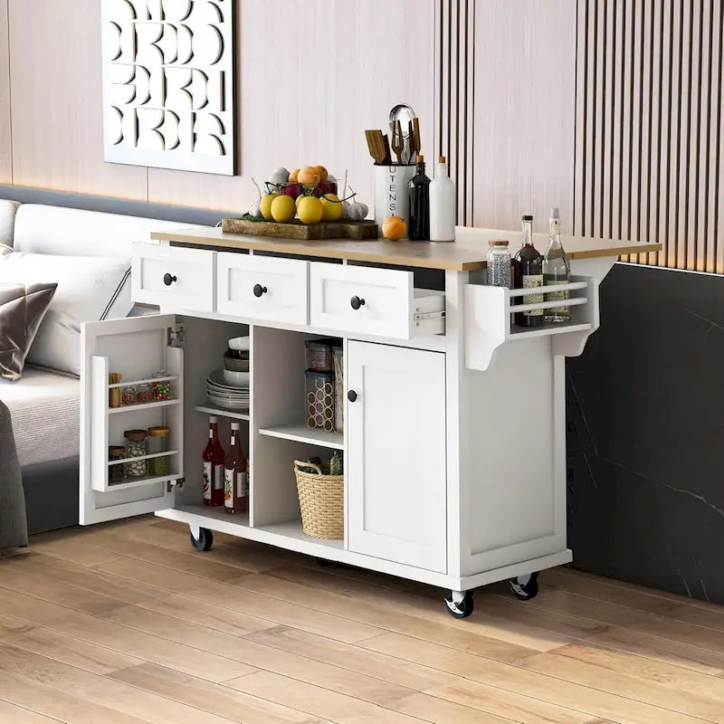 Desserte de cuisine avec plateau en bois d'hévéa rabattable, îlot de cuisine à 5 roues avec armoire de rangement et 3 tiroirs