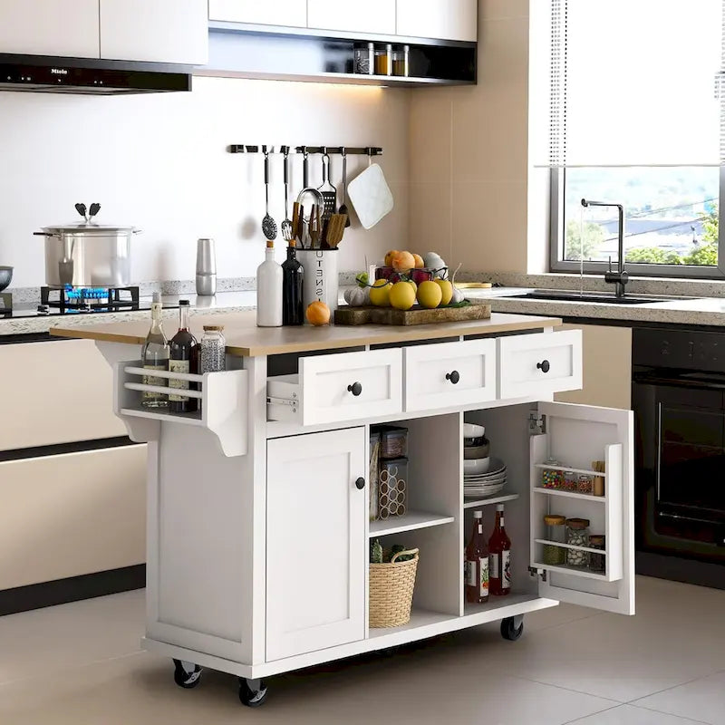 Desserte de cuisine avec plateau en bois d'hévéa rabattable, îlot de cuisine à 5 roues avec armoire de rangement et 3 tiroirs