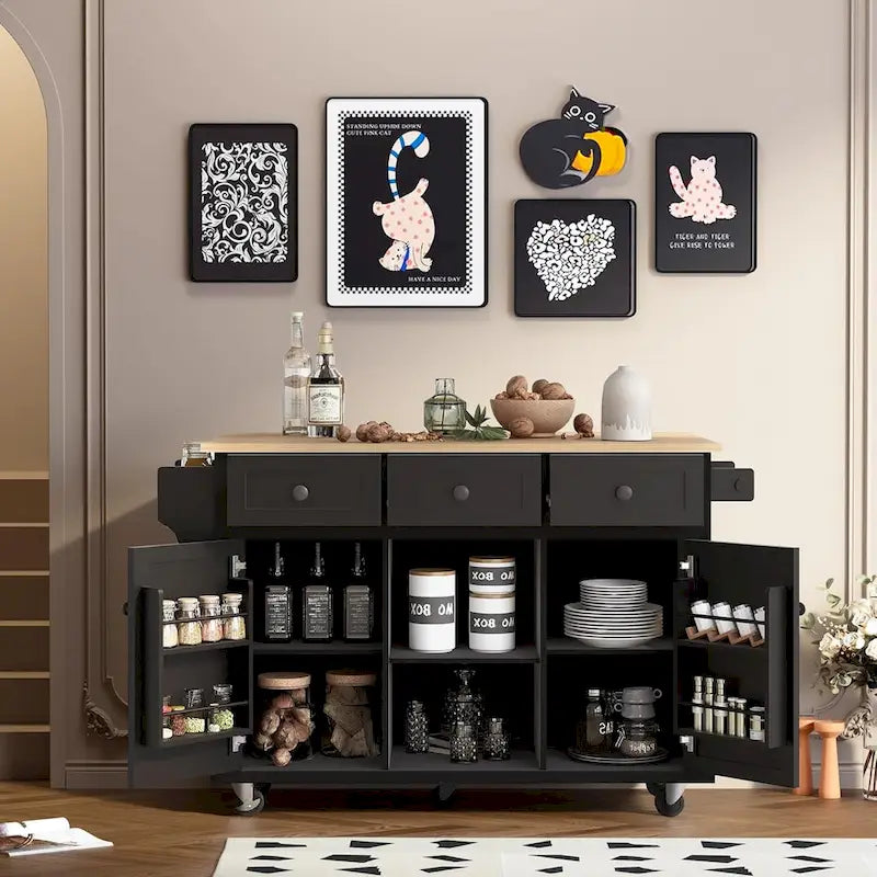 Desserte de cuisine avec plateau en bois d'hévéa rabattable, îlot de cuisine à 5 roues avec armoire de rangement et 3 tiroirs