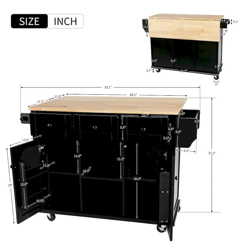 Desserte de cuisine avec plateau en bois d'hévéa rabattable, îlot de cuisine à 5 roues avec armoire de rangement et 3 tiroirs
