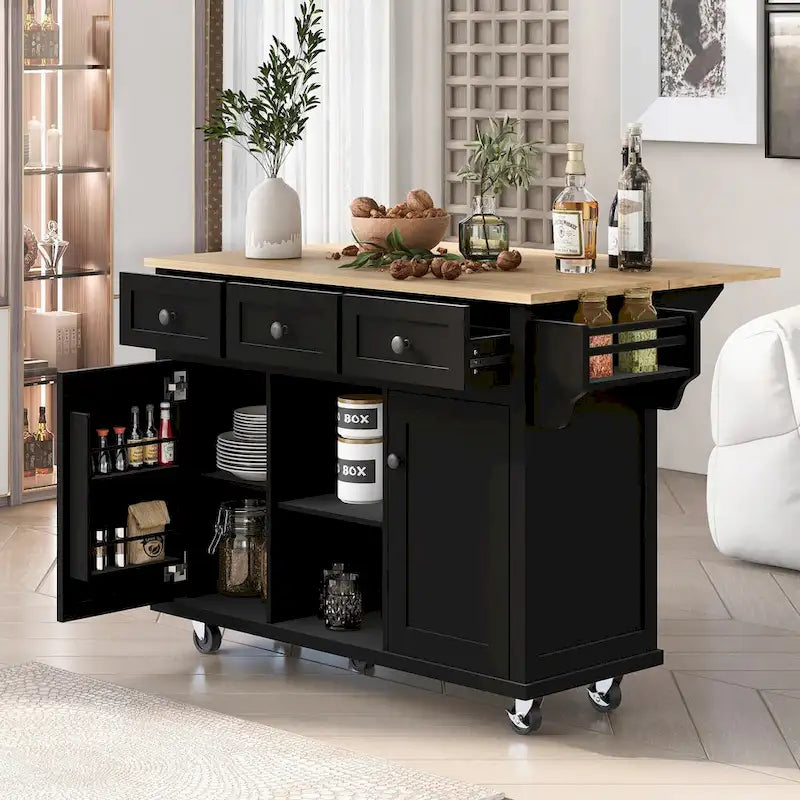 Desserte de cuisine avec plateau en bois d'hévéa rabattable, îlot de cuisine à 5 roues avec armoire de rangement et 3 tiroirs