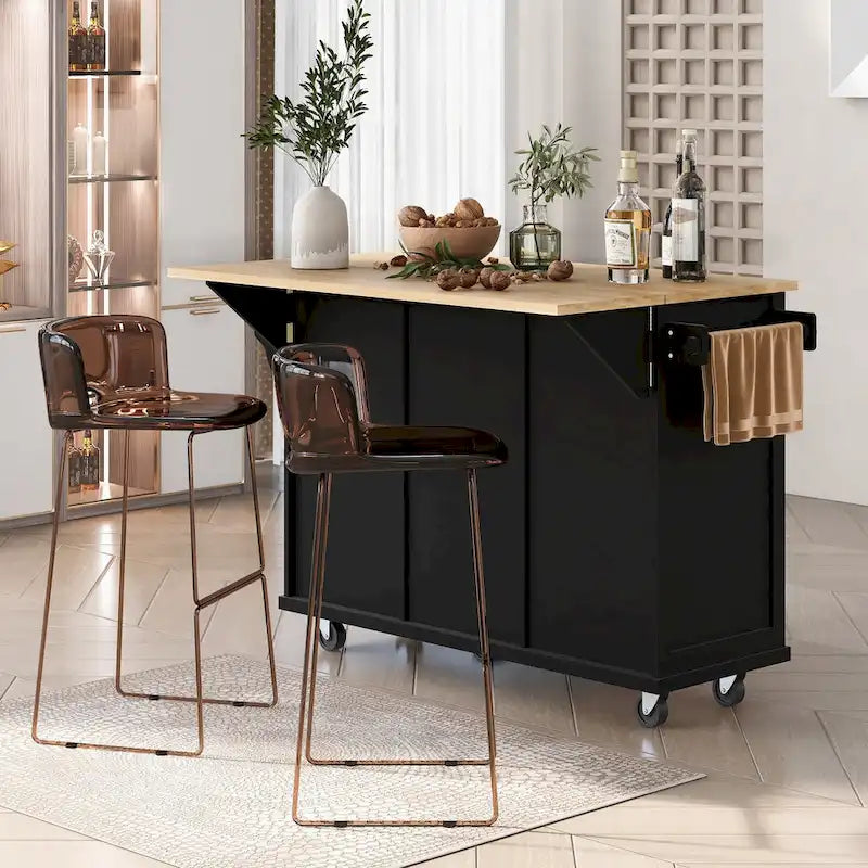 Desserte de cuisine avec plateau en bois d'hévéa rabattable, îlot de cuisine à 5 roues avec armoire de rangement et 3 tiroirs