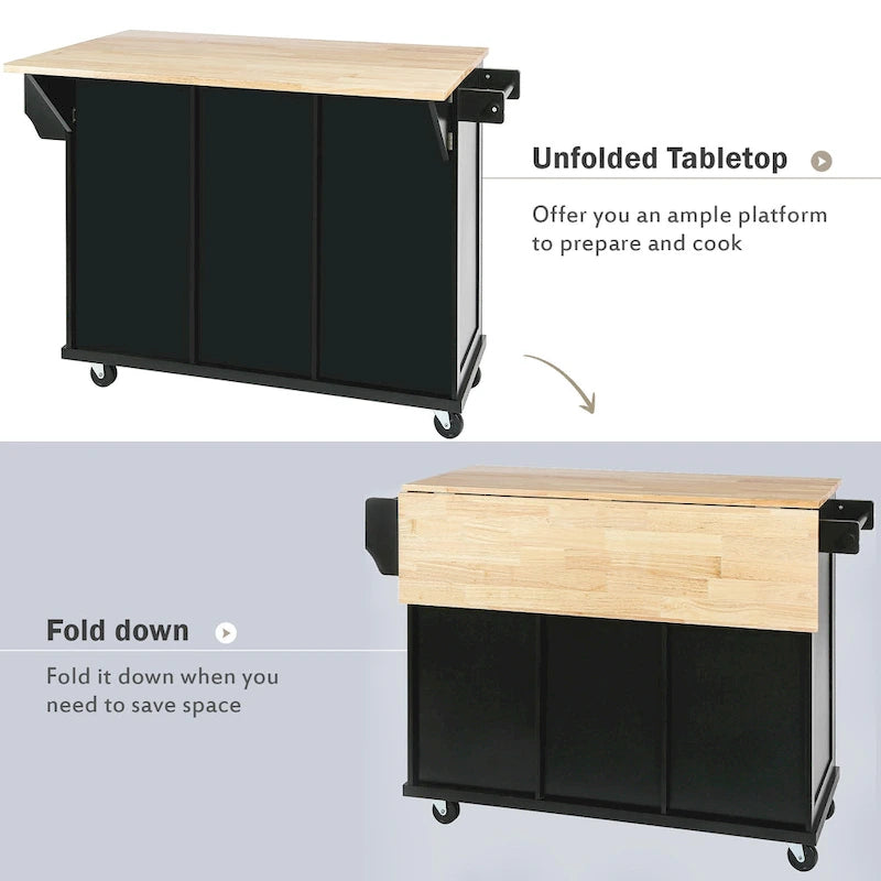 Desserte de cuisine avec plateau en bois d'hévéa rabattable, îlot de cuisine à 5 roues avec armoire de rangement et 3 tiroirs