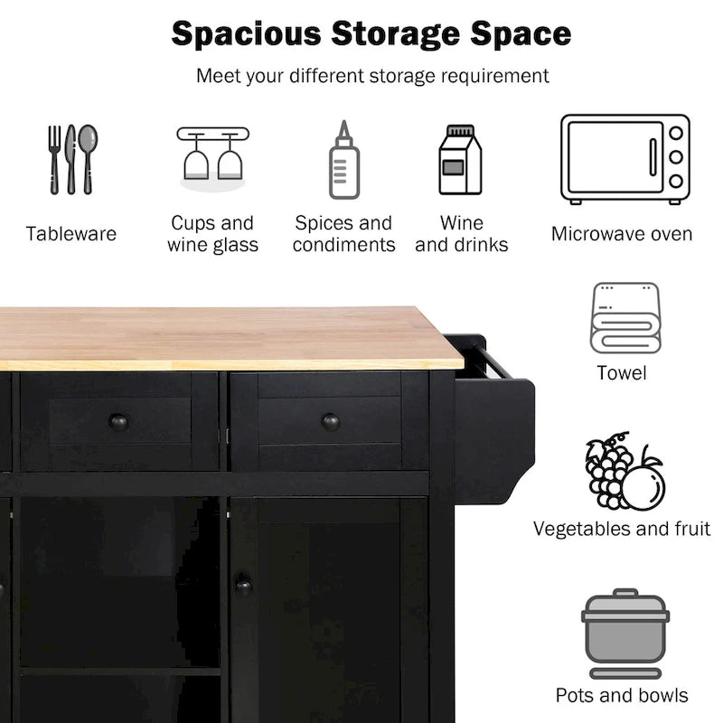 Desserte de cuisine avec plateau en bois d'hévéa rabattable, îlot de cuisine à 5 roues avec armoire de rangement et 3 tiroirs