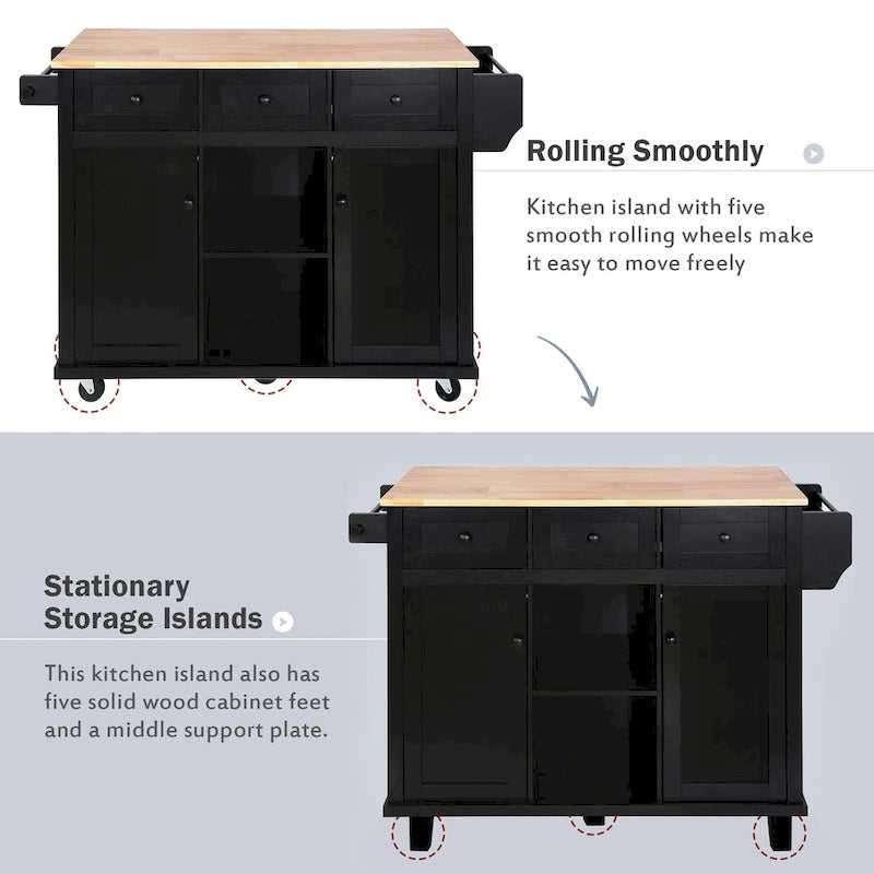 Desserte de cuisine avec plateau en bois d'hévéa rabattable, îlot de cuisine à 5 roues avec armoire de rangement et 3 tiroirs