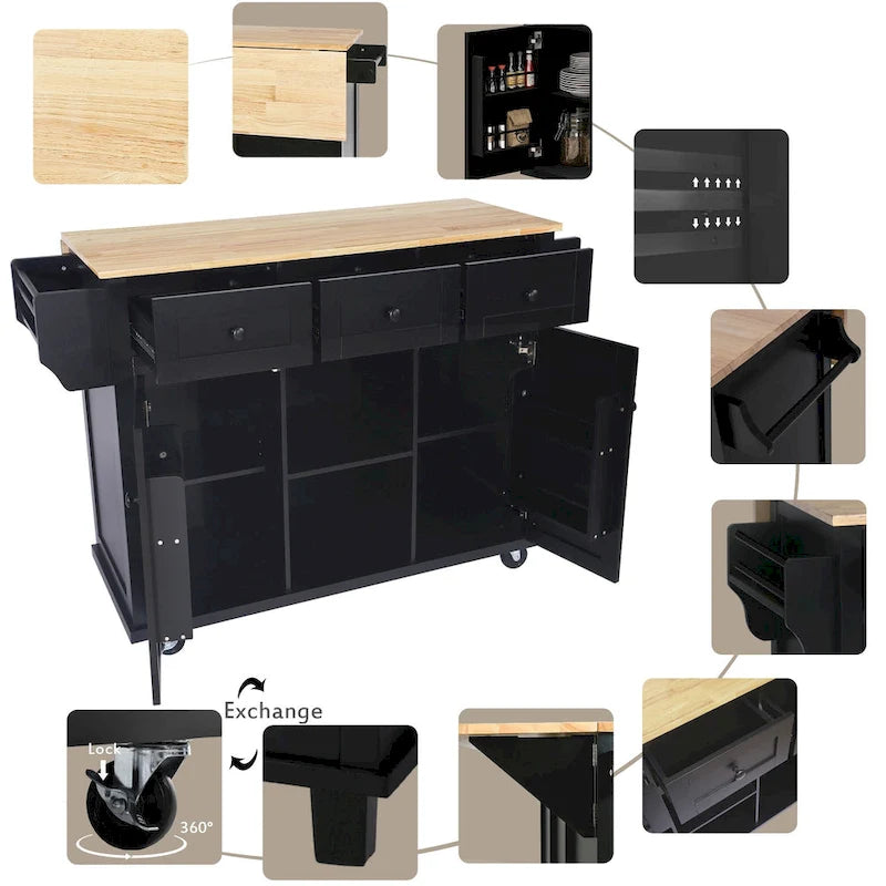 Desserte de cuisine avec plateau en bois d'hévéa rabattable, îlot de cuisine à 5 roues avec armoire de rangement et 3 tiroirs