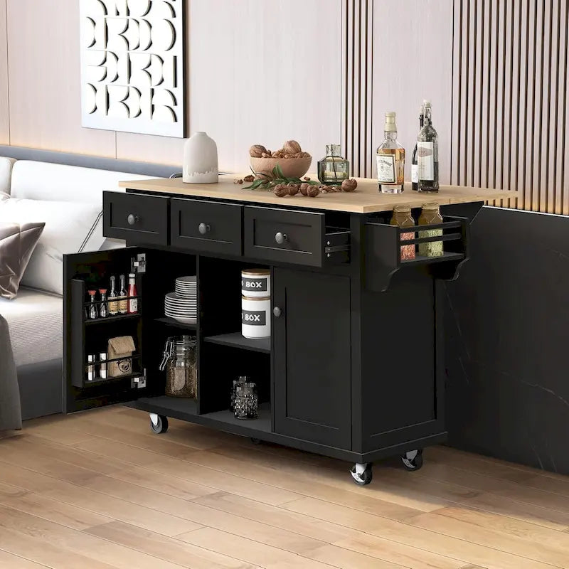 Desserte de cuisine avec plateau en bois d'hévéa rabattable, îlot de cuisine à 5 roues avec armoire de rangement et 3 tiroirs