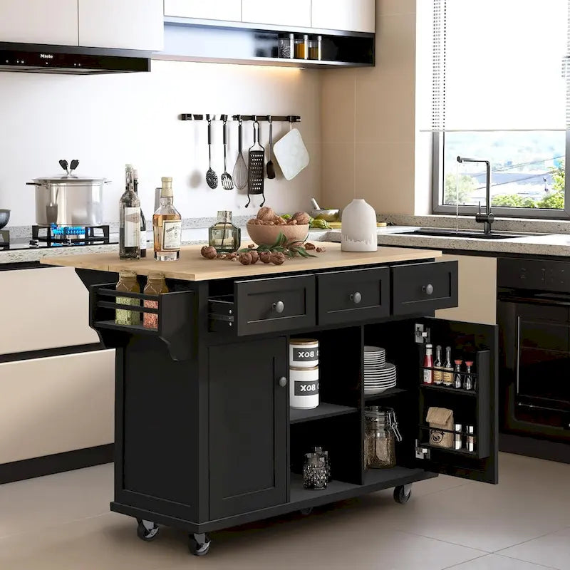 Desserte de cuisine avec plateau en bois d'hévéa rabattable, îlot de cuisine à 5 roues avec armoire de rangement et 3 tiroirs