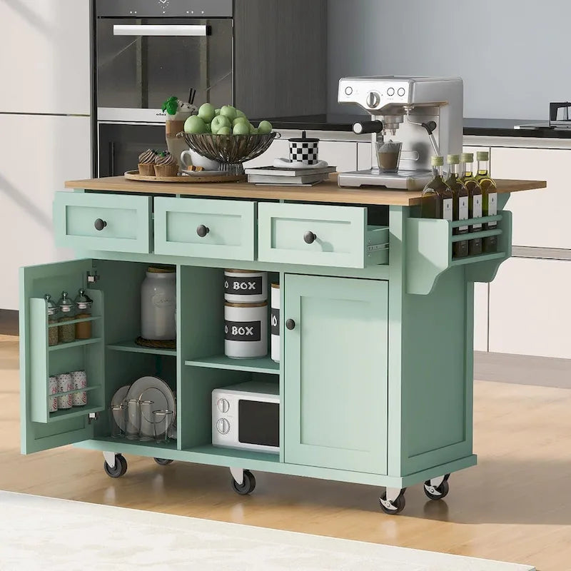 Desserte de cuisine avec plateau en bois d'hévéa rabattable, îlot de cuisine à 5 roues avec armoire de rangement et 3 tiroirs