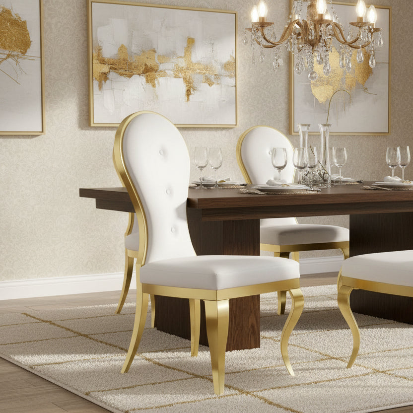 Modern Luxurious White Leather Dining Chairs with Polished Gold Stainless Steel Legs