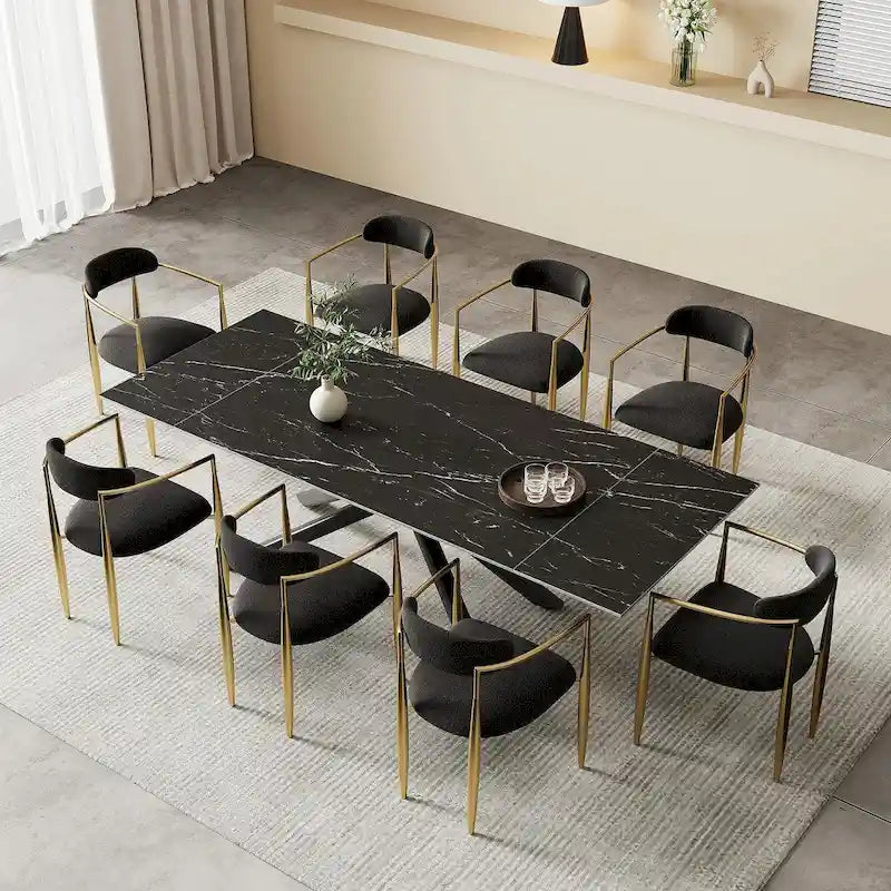 Ensemble de salle à manger 9 pièces avec plateau en pierre frittée extensible, pieds croisés et 8 chaises en tissu