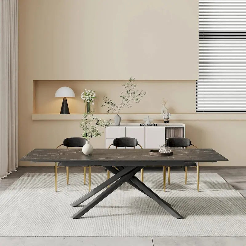 Ensemble de salle à manger 9 pièces avec plateau en pierre frittée extensible, pieds croisés et 8 chaises en tissu