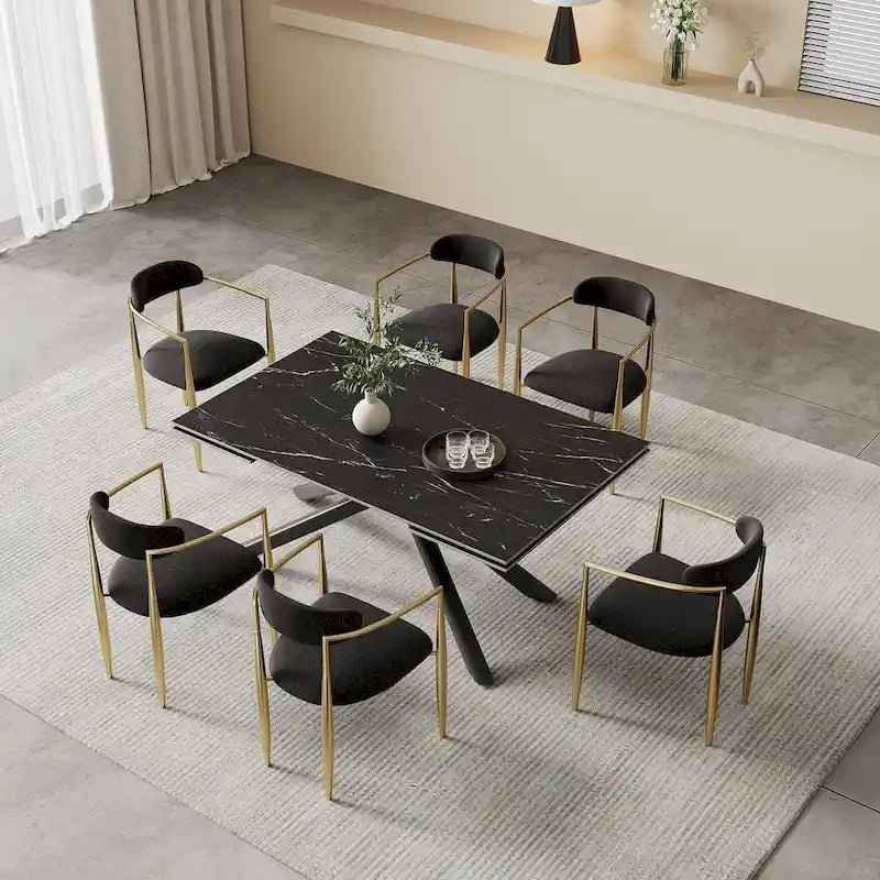 Ensemble de salle à manger 9 pièces avec plateau en pierre frittée extensible, pieds croisés et 8 chaises en tissu