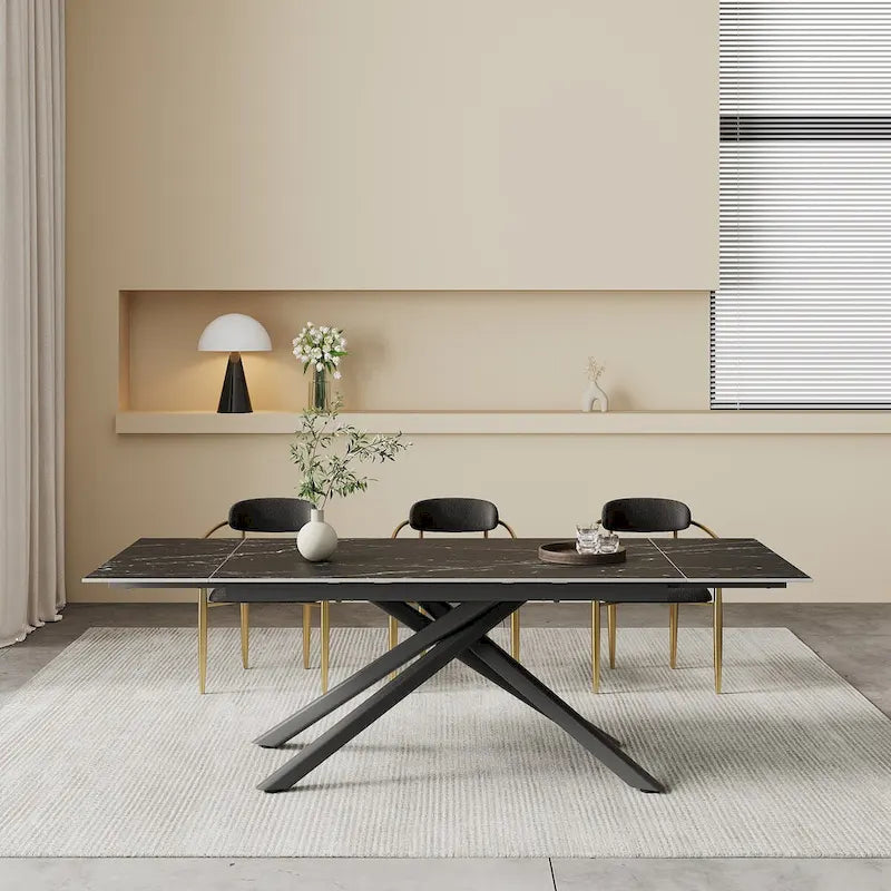Ensemble de salle à manger 9 pièces avec plateau en pierre frittée extensible, pieds croisés et 8 chaises en tissu