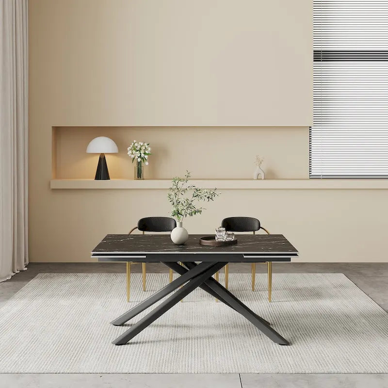 Ensemble de salle à manger 9 pièces avec plateau en pierre frittée extensible, pieds croisés et 8 chaises en tissu