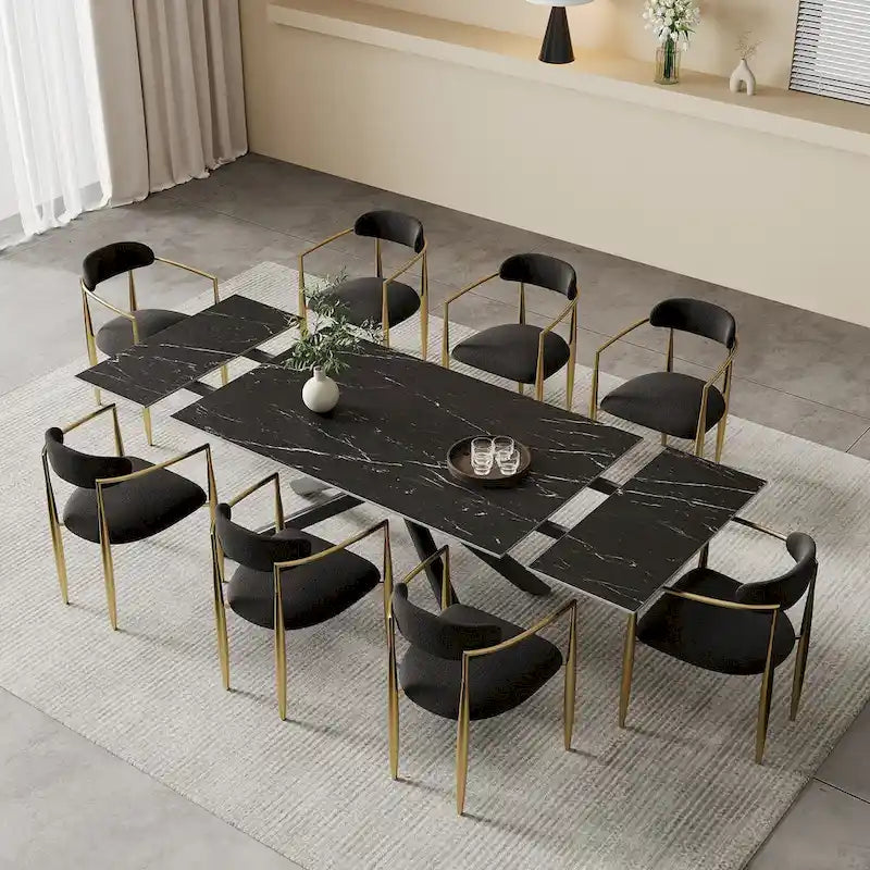 Ensemble de salle à manger 9 pièces avec plateau en pierre frittée extensible, pieds croisés et 8 chaises en tissu