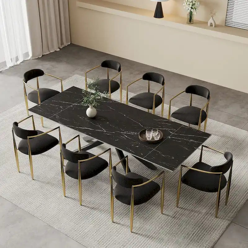 Ensemble de salle à manger 9 pièces avec plateau en pierre frittée extensible, pieds croisés et 8 chaises en tissu