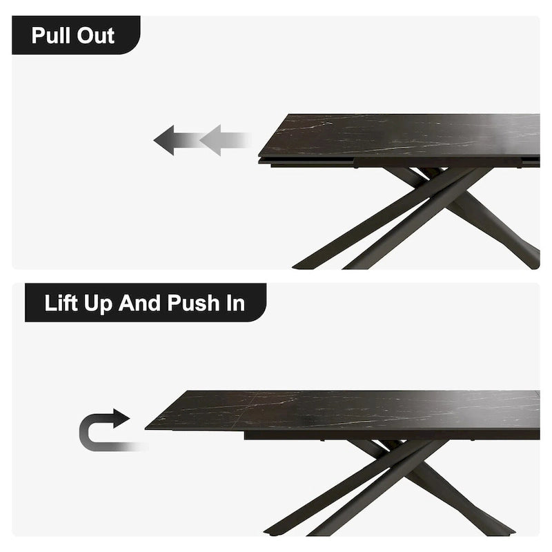 Ensemble de salle à manger 9 pièces avec plateau en pierre frittée extensible, pieds croisés et 8 chaises en tissu