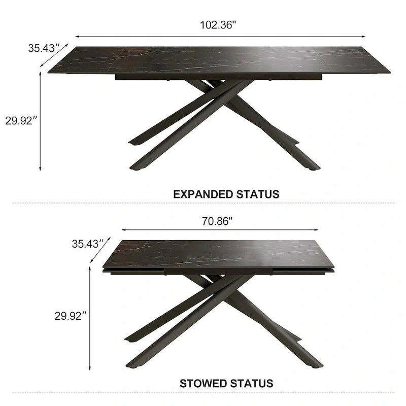 Ensemble de salle à manger 9 pièces avec plateau en pierre frittée extensible, pieds croisés et 8 chaises en tissu