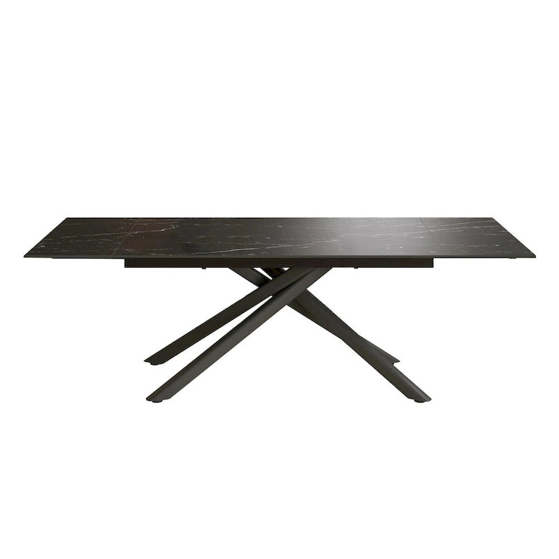Ensemble de salle à manger 9 pièces avec plateau en pierre frittée extensible, pieds croisés et 8 chaises en tissu