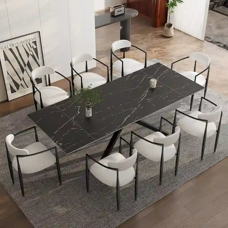 Ensemble de salle à manger 9 pièces avec plateau en pierre frittée extensible, pieds croisés et 8 chaises en tissu