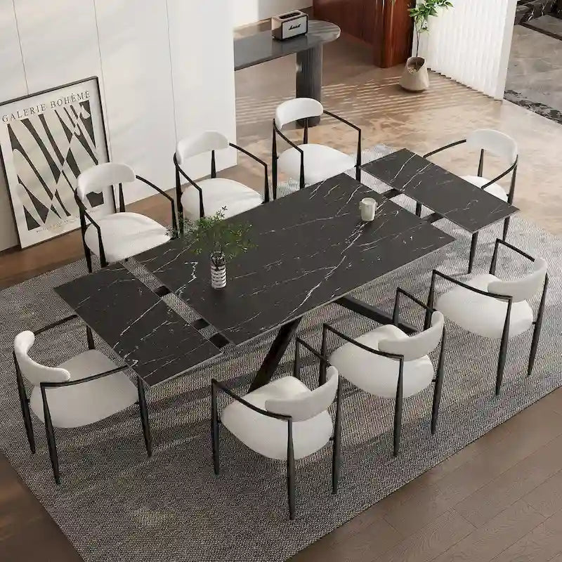 Ensemble de salle à manger 9 pièces avec plateau en pierre frittée extensible, pieds croisés et 8 chaises en tissu