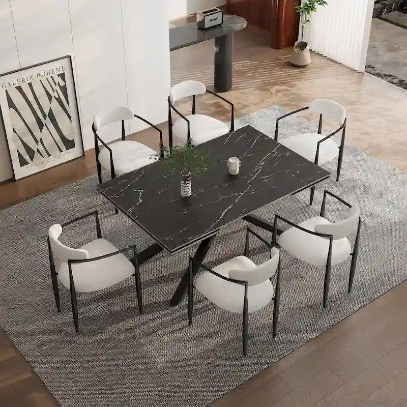 Ensemble de salle à manger 9 pièces avec plateau en pierre frittée extensible, pieds croisés et 8 chaises en tissu