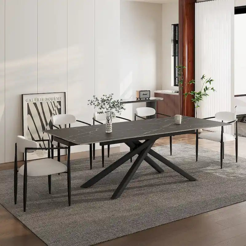 Ensemble de salle à manger 9 pièces avec plateau en pierre frittée extensible, pieds croisés et 8 chaises en tissu