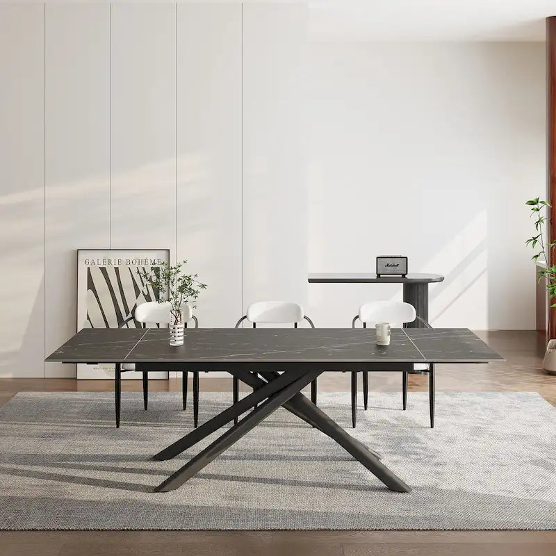 Ensemble de salle à manger 9 pièces avec plateau en pierre frittée extensible, pieds croisés et 8 chaises en tissu