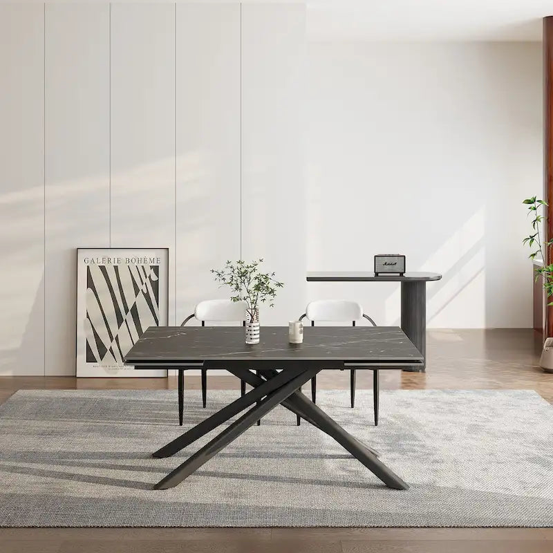 Ensemble de salle à manger 9 pièces avec plateau en pierre frittée extensible, pieds croisés et 8 chaises en tissu