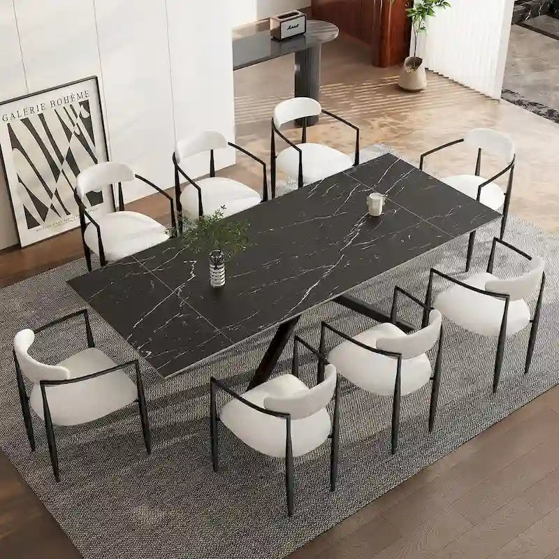 Ensemble de salle à manger 9 pièces avec plateau en pierre frittée extensible, pieds croisés et 8 chaises en tissu