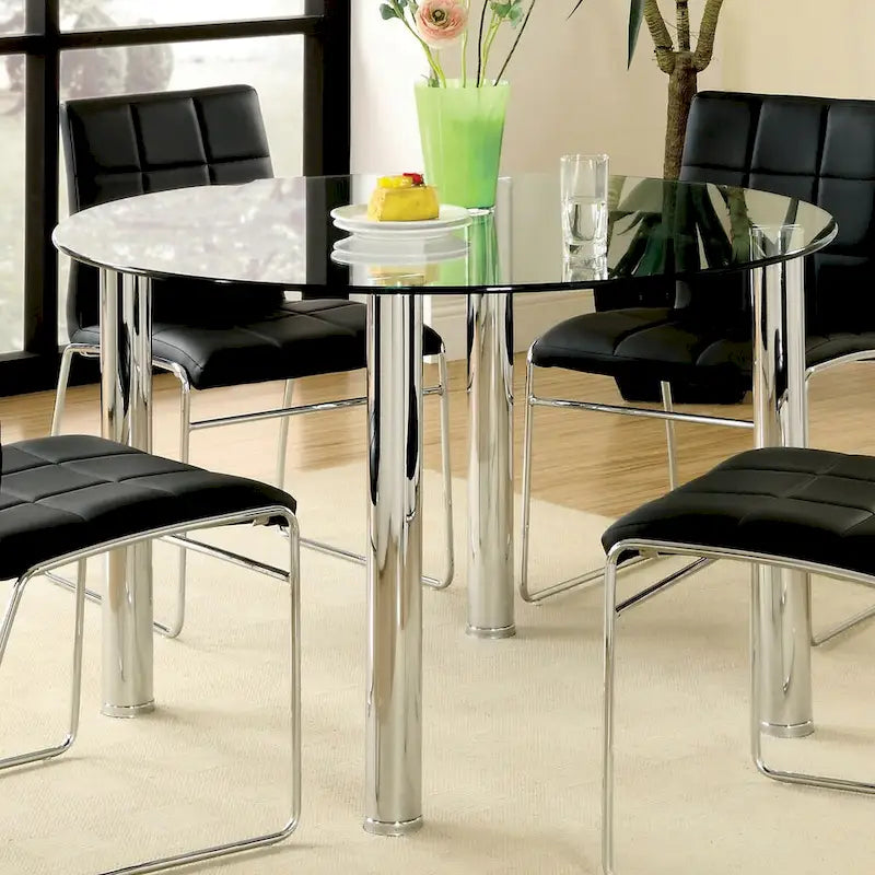 Ensemble de salle à manger contemporain 5 pièces avec table ronde à plateau en verre
